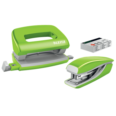 Leitz | Set Mini Locher Heftgerät NeXXt WOW, 2-teilig, grün