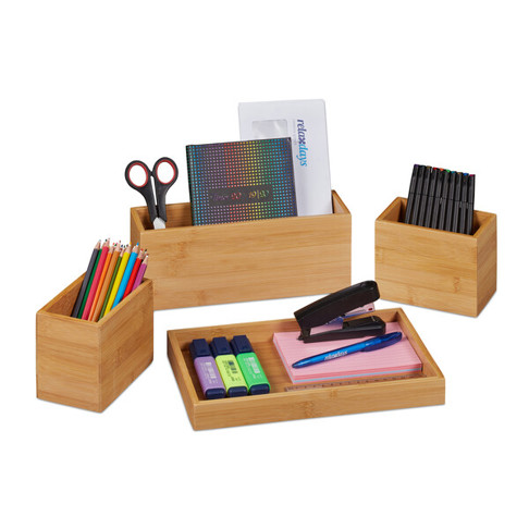 Relaxdays | Schreibtisch Organizer Set 10032153_0, 4-teilig, Bambus