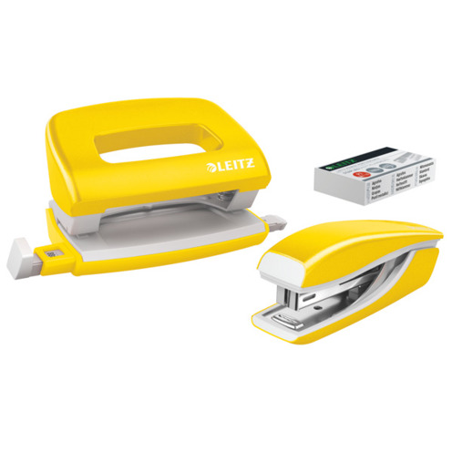 Leitz | Set Mini Locher Heftgerät NeXXt WOW, GS-geprüft, 10 Jahre Garantie, gelb